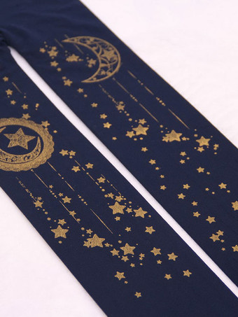 ダークネイビーロリィタ靴下　プリント柄　プリント付き　スウィート　ベルベット　お茶会　パンティストッキング　パンスト