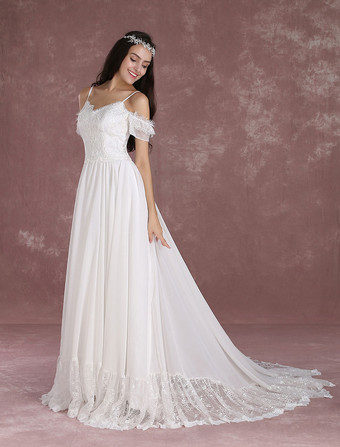 Robe de mariée bohème à bretelle zip sur dos à traîne Robe de mariée milanoo