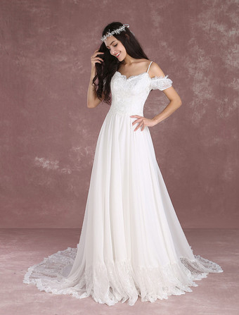 Robe de mariée bohème à bretelle zip sur dos à traîne Robe de mariée milanoo