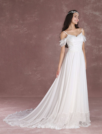 Robe de mariée bohème à bretelle zip sur dos à traîne Robe de mariée milanoo