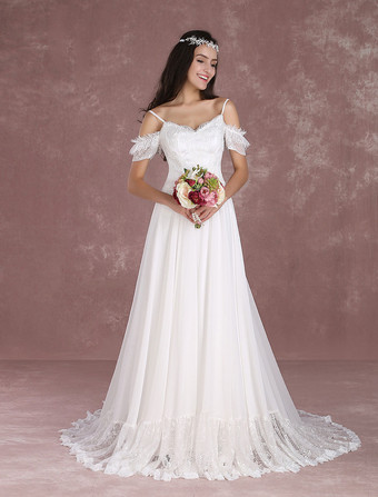 Robe de mariée bohème à bretelle zip sur dos à traîne Robe de mariée milanoo