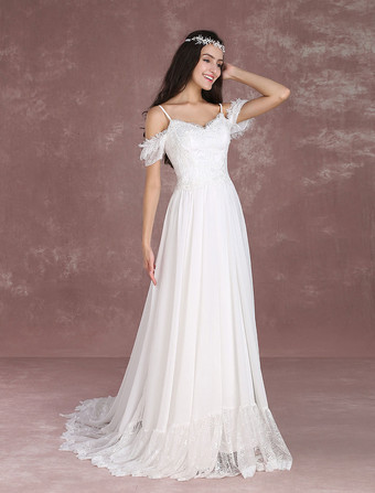 Robe de mariée bohème à bretelle zip sur dos à traîne Robe de mariée milanoo