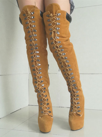 サイハイブーツ プラットフォーム レディース ヌバック レースアップ アーモンドトゥ スティレットヒール オーバーザニーブーツ