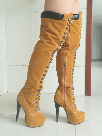 サイハイブーツ プラットフォーム レディース ヌバック レースアップ アーモンドトゥ スティレットヒール オーバーザニーブーツ