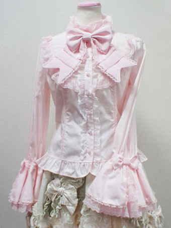 ライトピンクロリィタブラウス　ポリエステル　カジュアル　無地　長袖　スタンドカラー　スウィート　