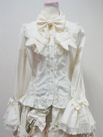 Blusa de lolita de poliéster con escote Ilusión con manga larga Color liso de encaje estilo dulce