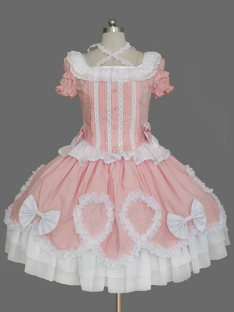 Lolitashow Sweet Lolita Dress Pink Lolita Dress OP Short Sleeve Peplum Ruffle Bow Lolita One Piece Dress