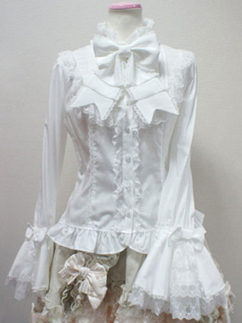 ホワイト ロリィタブラウス　ポリエステル　カジュアル　無地　長袖　スタンドカラー　スウィート　