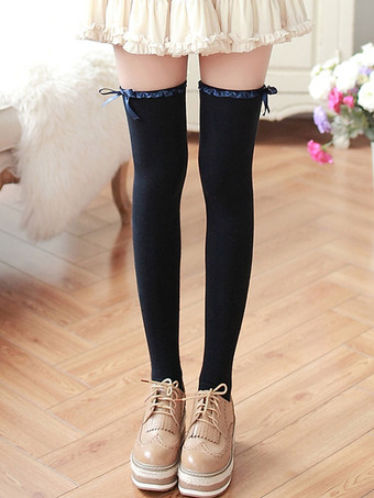 ロリィタ靴下 ニーハイソックス ライクラ・スパンデックスリボンプリント柄 可愛い クラシック＆トラディション