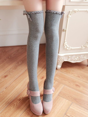 グレイロリィタ靴下 ニーハイソックス ライクラ・スパンデックスリボンプリント柄 可愛い クラシック＆トラディション