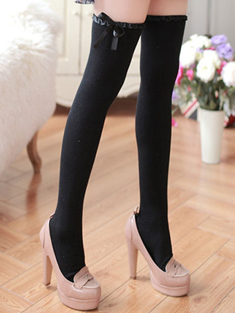 ブラック ロリィタ靴下 ニーハイソックス ライクラ・スパンデックスリボンプリント柄 可愛い クラシック＆トラディション