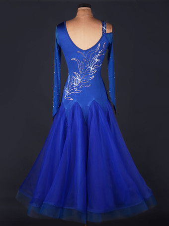 ボールルームダンスドレス　社交ダンス衣装　2025　オーガンザ　ロイヤルブルー　スクープネック　長袖　ボディコン　カットアウト　プリーツ　キラキラ　スイング
