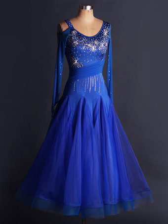 ボールルームダンスドレス　社交ダンス衣装　2025　オーガンザ　ロイヤルブルー　スクープネック　長袖　ボディコン　カットアウト　プリーツ　キラキラ　スイング