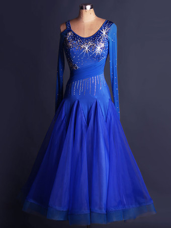 ボールルームダンスドレス　社交ダンス衣装　2025　オーガンザ　ロイヤルブルー　スクープネック　長袖　ボディコン　カットアウト　プリーツ　キラキラ　スイング