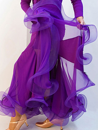 パープル ボールルームダンススカート　社交ダンス衣装　2025　オーガンザ　プリーツ　ラッフル　レイヤード