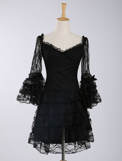 Lolitashow Black Lace Lolita One-piece Dress Long Hime Sleeves