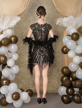 チャールストンドレス　フラッパードレスコスチューム　1920年代ヴィンテージコスチューム　女性用　ブラック　スパンコール　ジグザグカット　ボディコン　ショートドレス　ハロウィン　2025