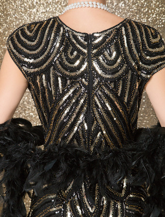 チャールストンドレス　フラッパードレスコスチューム　1920年代ヴィンテージコスチューム　女性用　ブラック　スパンコール　ジグザグカット　ボディコン　ショートドレス　ハロウィン　2025
