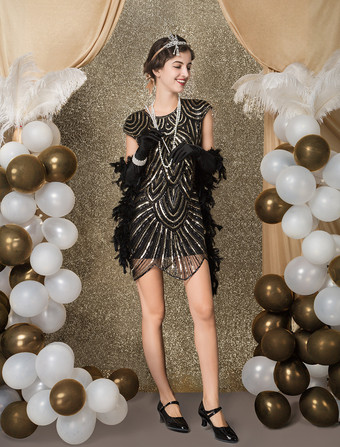 チャールストンドレス　フラッパードレスコスチューム　1920年代ヴィンテージコスチューム　女性用　ブラック　スパンコール　ジグザグカット　ボディコン　ショートドレス　ハロウィン　2025