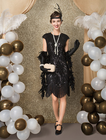 ブラック フラッパードレス チャールストンドレス 華麗なるギャツビー・コスチューム 女性用 1920年代 スパンコール タッセル ビーズドレス