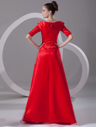 イブニングドレス Vネック プロムドレス ボールガウンライン パーティードレス レッド サテン ファスナー ロング丈 五分袖 フォーマルドレス 演奏会ドレス 結婚式 二次会ドレス 発表会 ナチュラルウェストライン ウェディング ティアード