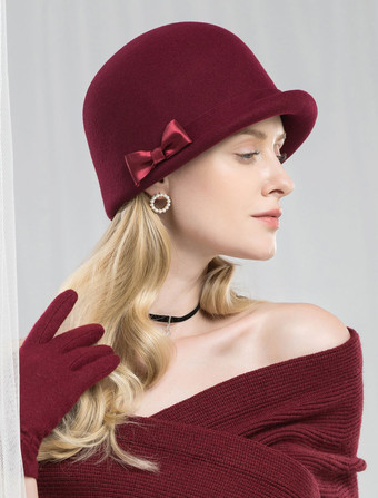 Bordeaux Chapeau de laine rétro chapeau de cloche halloween femmes chapeau de feutre noir coiffure vintage Déguisements Halloween