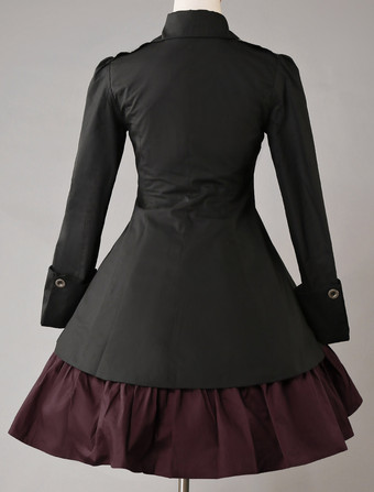 ゴスロリ軍服ドレス OP コットン ダブルブレスト ボタン 長袖 リボン　アイドル衣装 フリル 制服ワンピースブラック