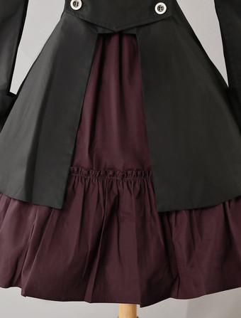 ゴスロリ軍服ドレス OP コットン ダブルブレスト ボタン 長袖 リボン　アイドル衣装 フリル 制服ワンピースブラック