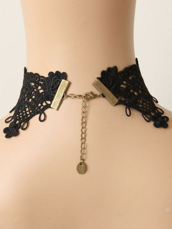 ゴシックロリータチョーカーメタル​​ディテールジュエルレースブラックロリータネックレス