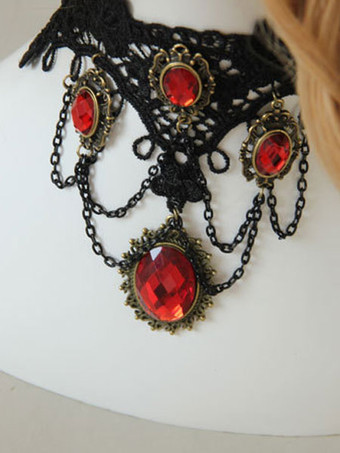 ゴシックロリータチョーカーメタル​​ディテールジュエルレースブラックロリータネックレス