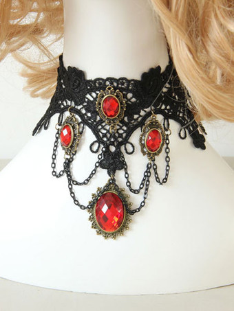 ゴシックロリータチョーカーメタル​​ディテールジュエルレースブラックロリータネックレス