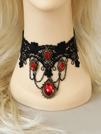 ゴシックロリータチョーカーメタル​​ディテールジュエルレースブラックロリータネックレス