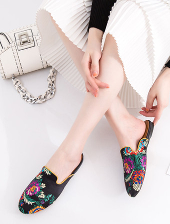 女性ラバローファーサテン民族丸いつま先花柄フラットラバ