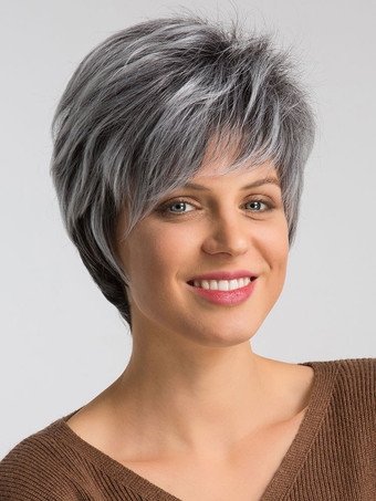 Frauen synthetische Perücken graue geschichtete kurze Haarperücken