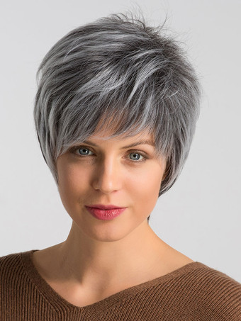 女性用人工ウィッググレーレイヤードショートヘアウィッグ