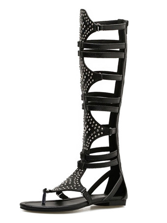 グラディエーターサンダル フラットサンダル ひもディデール　ビーズ　カットアウト レディース ブラック