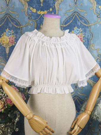 Blusa clássica lolita com babados em renda e plissado chiffon branco lolita top