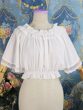 クラシックロリータブラウスレースフリルプリーツシフォンホワイトロリータトップ