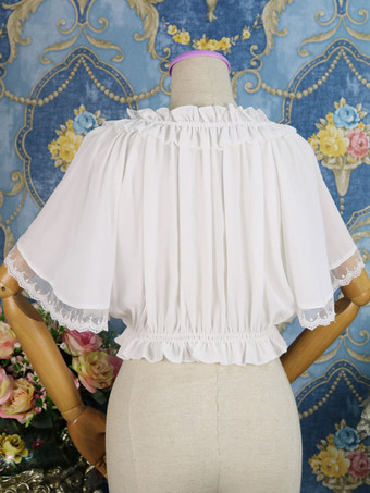 クラシックロリータブラウスレースフリルプリーツシフォンホワイトロリータトップ