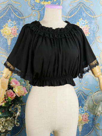 ブラック クラシックロリータブラウスレースフリルプリーツシフォンホワイトロリータトップ