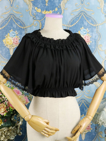 クラシックロリータブラウスレースフリルプリーツシフォンホワイトロリータトップ