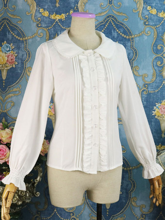 クラシックロリータシャツラッフルボウシフォンホワイトロリータブラウス