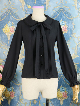 ブラック クラシックロリータシャツラッフルボウシフォンホワイトロリータブラウス