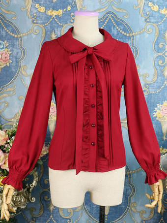 レッド クラシックロリータシャツラッフルボウシフォンホワイトロリータブラウス