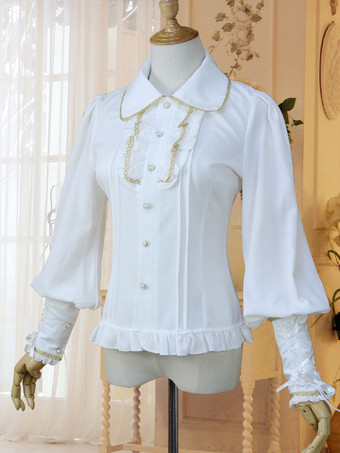 クラシックロリータシャツ弓フリルレースシフォンホワイトロリータブラウス