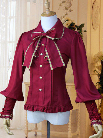 ワインレッド クラシックロリータシャツ弓フリルレースシフォンホワイトロリータブラウス