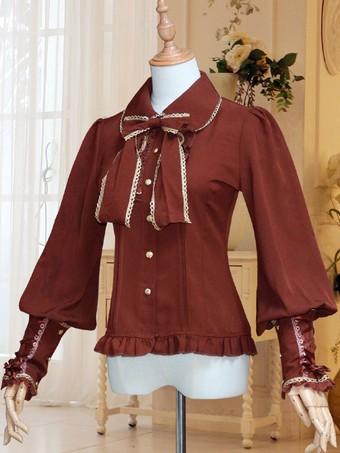 マホガニークラシックロリータシャツ弓フリルレースシフォンホワイトロリータブラウス