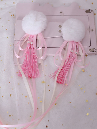 中国風ロリータヘアピンPom Pomタッセルボウレッドロリータヘアアクセサリー