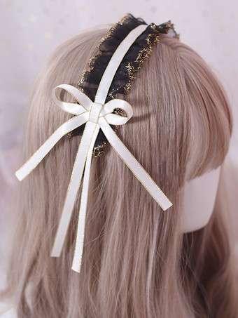 アイボリー 古典的なロリータヘッドドレスフリルレースボウブラックロリータヘアアクセサリー