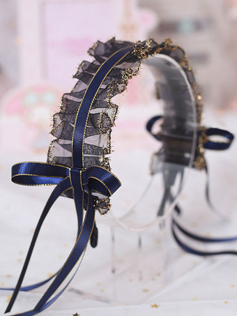 古典的なロリータヘッドドレスフリルレースボウブラックロリータヘアアクセサリー
